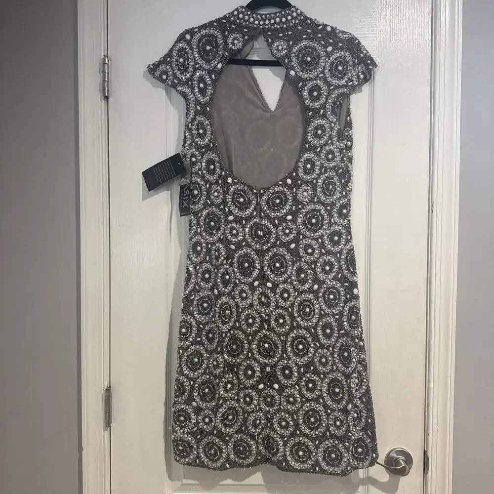 NWT Basix Black Label Fully Hand Beaded Sequin Dress Gown Gray White Size 14